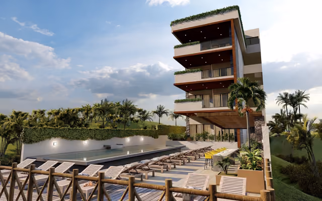 Elevated rendering of a residential tower by the sea with its amenity deck, pool and landscaping