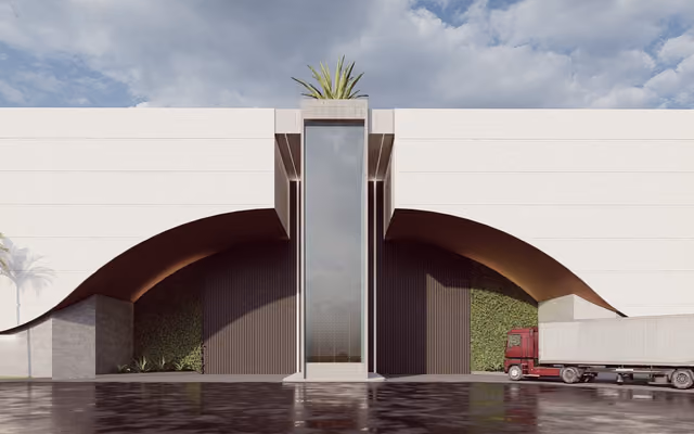 Render exterior de un desarrollo residencial al atardecer