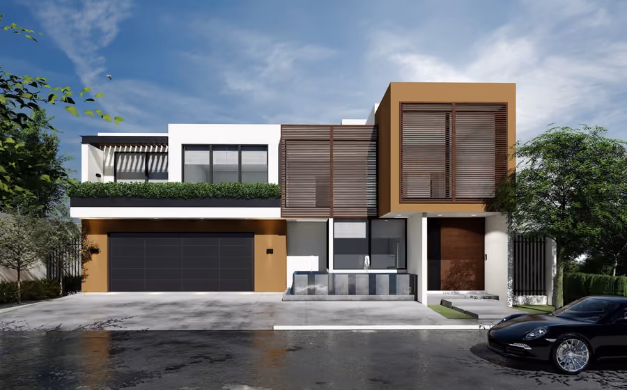 Render de casa habitación de dos niveles con fachada de piedra y jardín, proyecto Casa Olivos