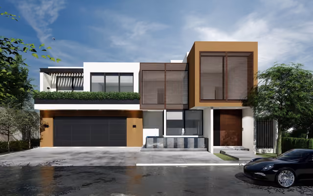 Render de casa habitación de dos niveles con fachada de piedra y jardín, proyecto Casa Olivos