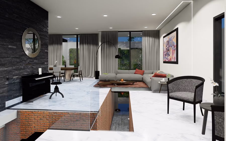 Render interior de una sala con doble altura, ventanales y mobiliario contemporáneo