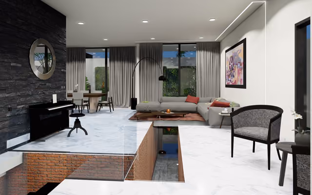 Render interior de una sala con doble altura, ventanales y mobiliario contemporáneo