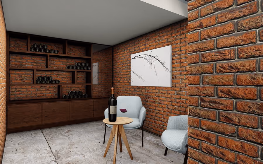 Render interior de una cava con iluminación cálida y muros de piedra