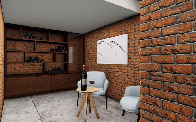Render interior de una cava con iluminación cálida y muros de piedra