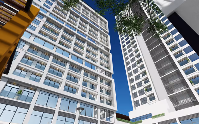 Render de un conjunto residencial visto desde el aire con vialidades y áreas verdes