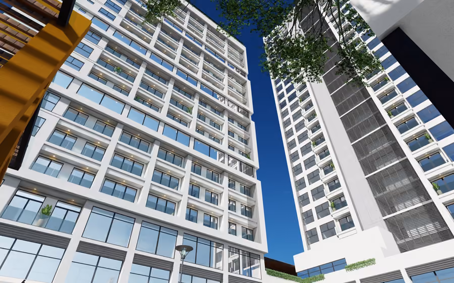 Render de un conjunto residencial visto desde el aire con vialidades y áreas verdes