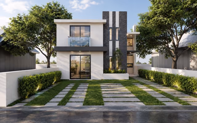 Render de casa habitación de dos niveles con fachada blanca, muro de ladrillo gris y jardín frontal