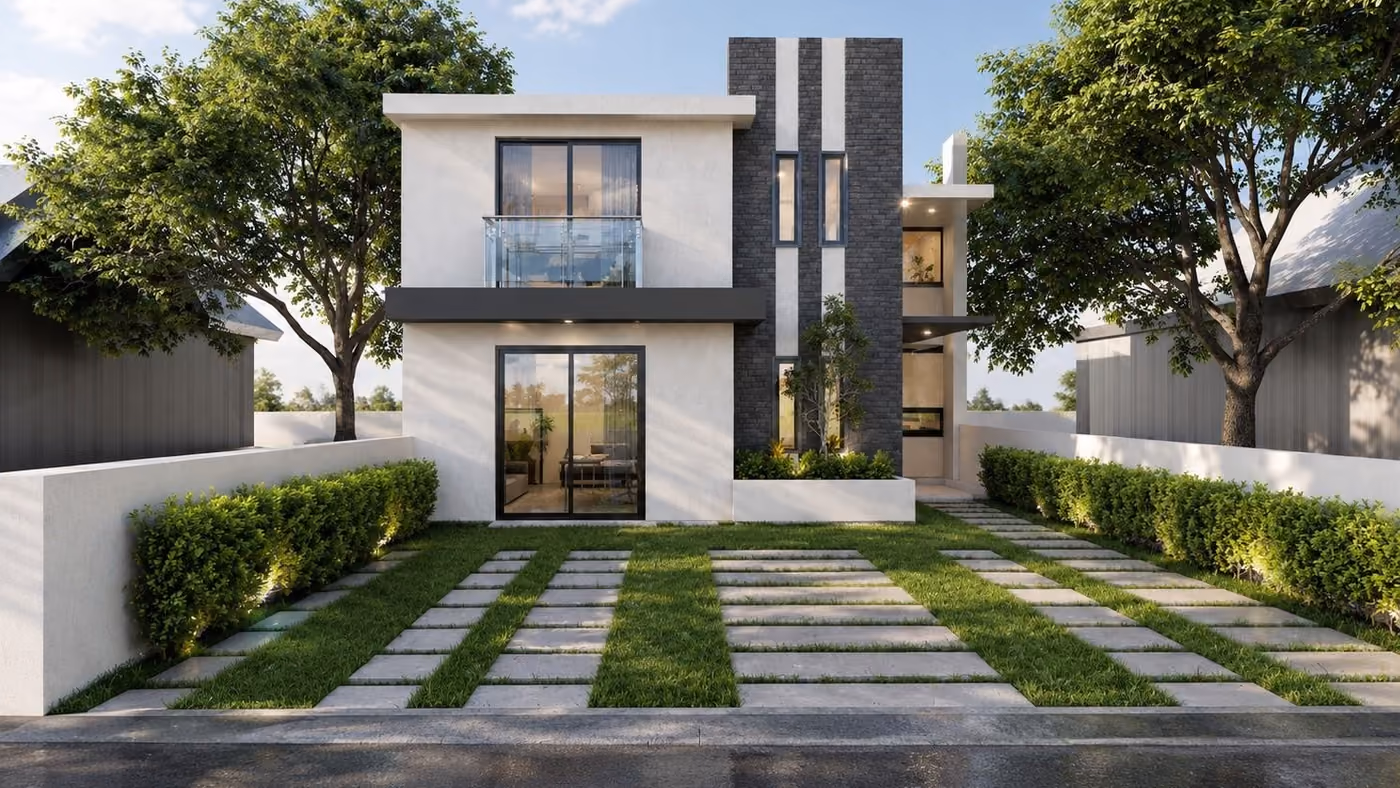 Render exterior de una residencia de dos niveles con fachada blanca, muro de ladrillo gris y jardín frontal con pasos de concreto