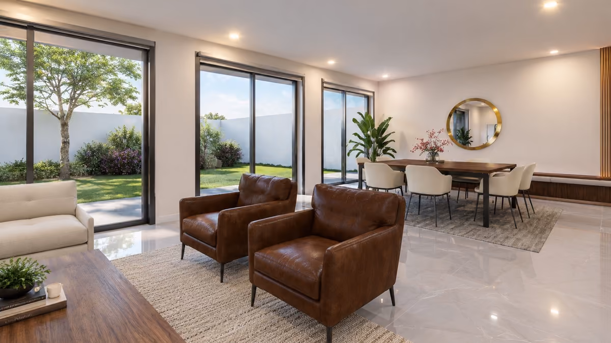 Interior rendering of a living and dining room with leather armchairs and sliding doors to a garden, produced for an architecture firm