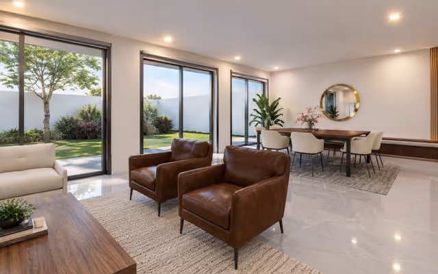 Interior rendering of a living and dining room with leather armchairs and sliding doors to a garden, produced for an architecture firm