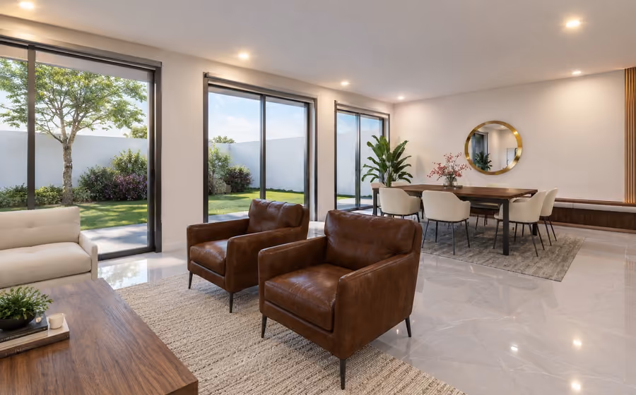 Interior rendering of a living and dining room with leather armchairs and sliding doors to a garden