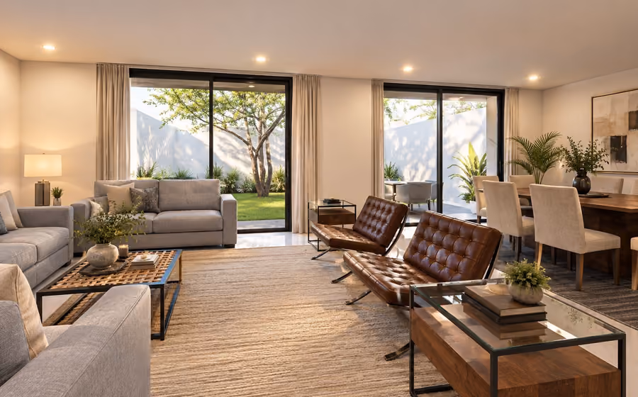 Interior rendering of a living room with leather lounge chairs, layered rugs and sliding doors to a garden