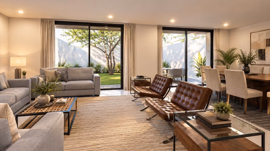 Render interior de la estancia con sillones de piel, tapetes y puertas corredizas al jardín