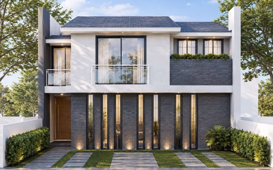 Exterior rendering of a two-story home with tall vertical windows, gray brick and landscaping at dusk