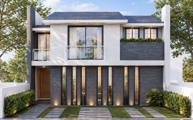 Render exterior de una casa de dos niveles con ventanales verticales, ladrillo gris y jardín al atardecer