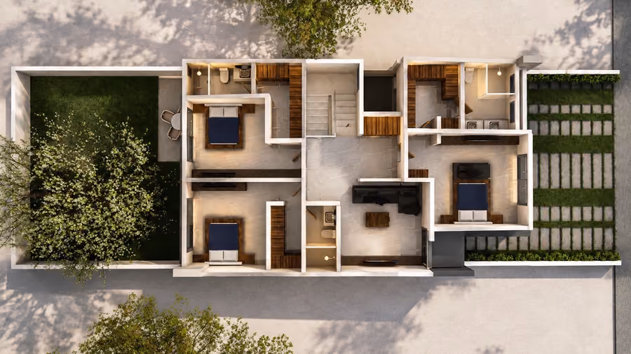 Render aéreo de la planta alta amueblada con tres recámaras, jardín y patio