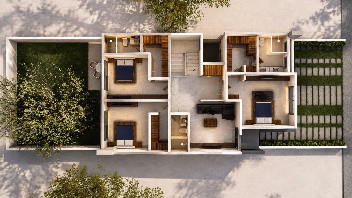 Rendered 3D floor plan of a house seen from above, with furnished rooms, garden and patio, produced from 2D drawings