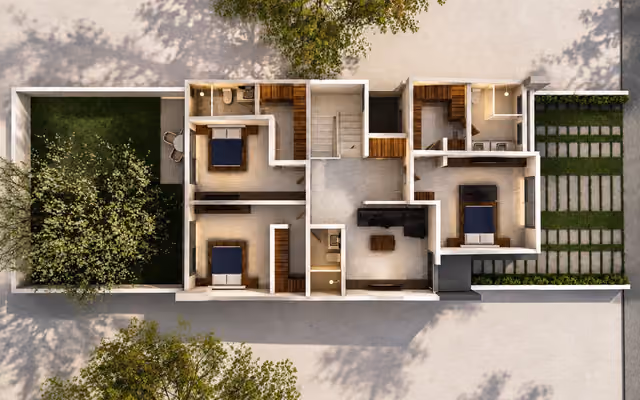 Aerial 3D floor plan of a house with furnished bedrooms, garden and patio