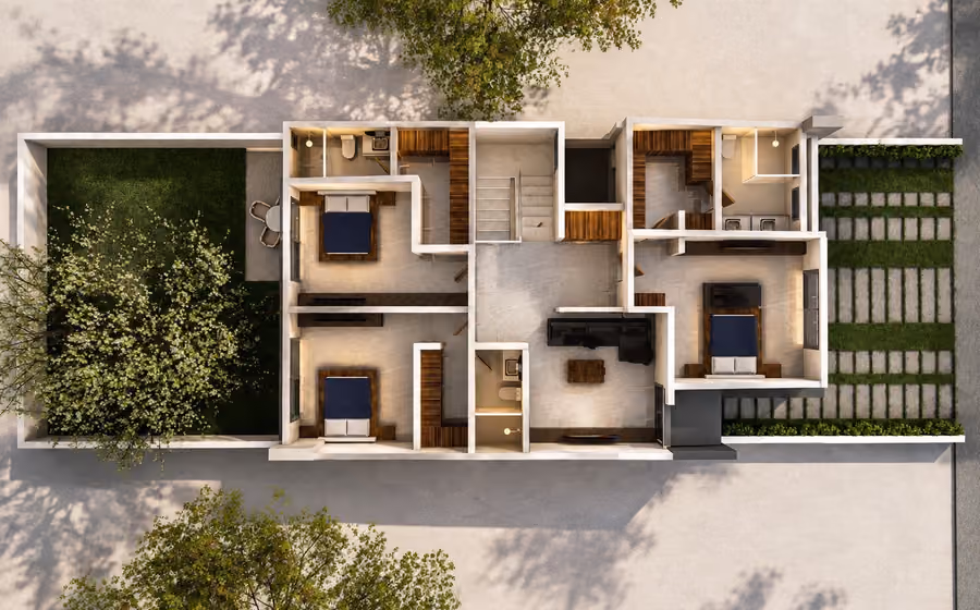 Rendered 3D floor plan of a house seen from above, with furnished bedrooms, bathrooms, garden and patio