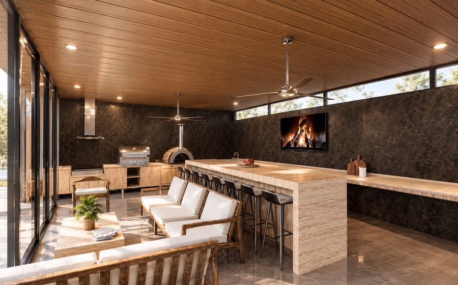 Rendering of a covered terrace with outdoor kitchen, grill, wood-fired oven and marble bar, a frame from a walkthrough animation