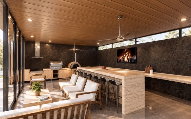 Render de una terraza techada con cocina exterior, asador y barra de mármol