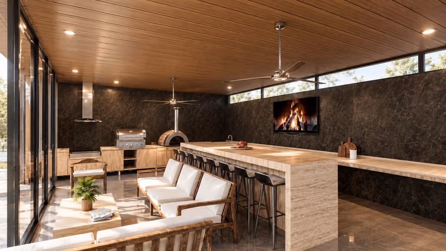 Render de la terraza techada con cocina exterior, asador, horno de leña y barra de mármol