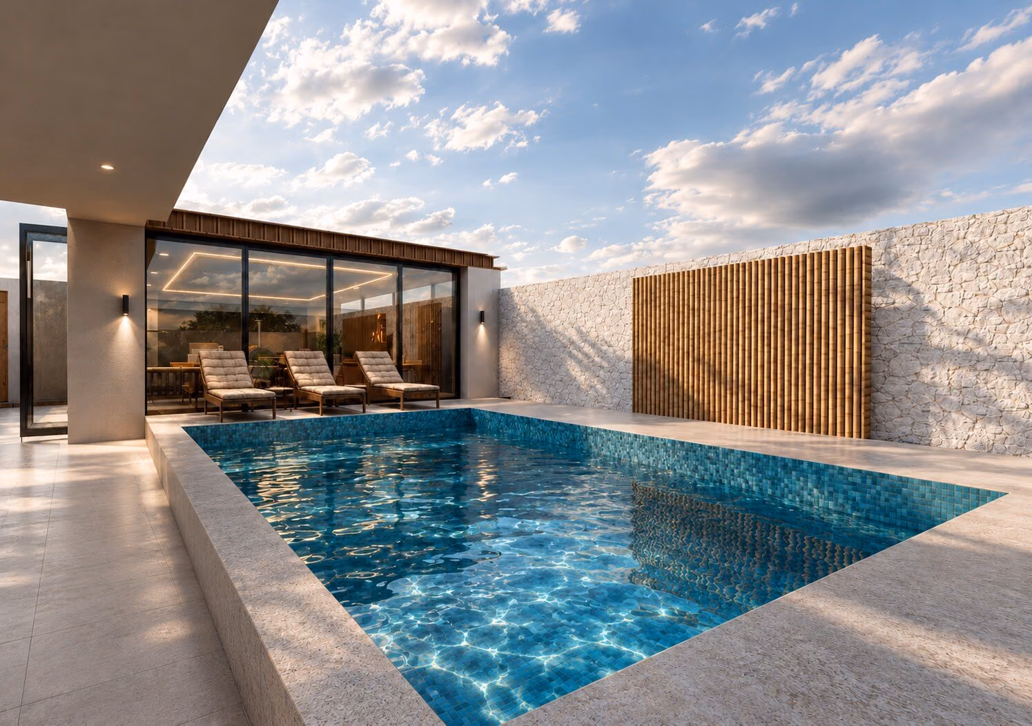 Render exterior fotorrealista de una alberca y terraza residencial al atardecer, trabajo de Realidad Arquitectónica