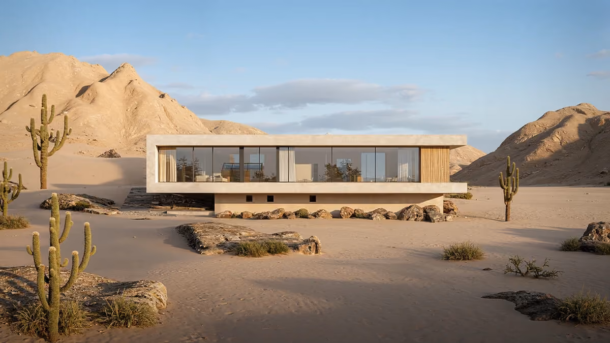 Render exterior de una casa de un nivel con fachada de vidrio en el desierto, obra de Maverick Frame