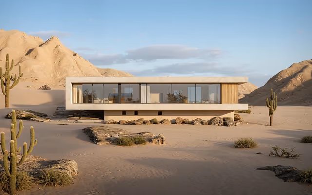 Render exterior de una casa de un nivel con fachada de vidrio en el desierto, obra de Maverick Frame