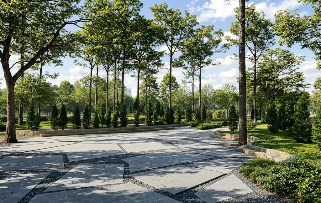 Render de una plaza con pavimento de piedra, setos y árboles en un parque, obra de Maverick Frame