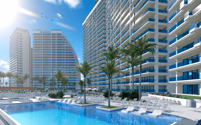 Render exterior de un desarrollo turístico con alberca y palmeras al atardecer